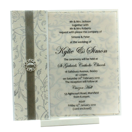 Wedding Invitation - 14.85 Fold Over Olivia White Pearl Silver Foil
