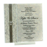 Wedding Invitation - 14.85 Fold Over Olivia White Pearl Silver Foil - click for more details