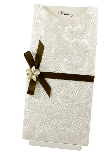 Wedding Invitations - DL Glamour Pocket Majestic Swirl White Pearl Chocolate
