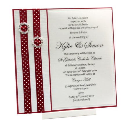 Wedding Invitations - 14.85 Fold Over - Jester Red Twin Buckles