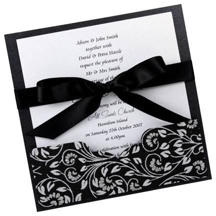 Wedding Invitation - 14.25cm Add A Pocket Black Floral Glitter