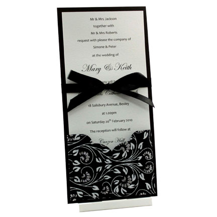 Wedding Invitations DL Card with Black Floral Glitter AddAPocket
