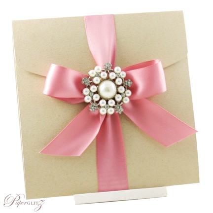 Inspirational Wedding Invitations 150 Pouch Pocket Fold Kraft Pink Bow Brooch.