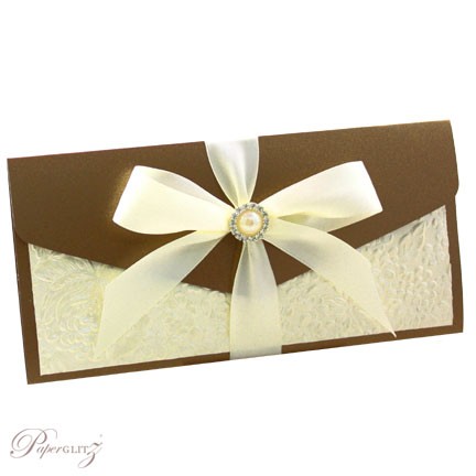 Inspirational Wedding Invitations DL Pouch Pocket Fold Bronze Ivory Pearl Embossed Flowers
