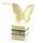 Example of a Paperglitz Butterfly Chair Bomboniere/Favor Box in Curious Metallics White Gold decorated with our premium 10mm round buckle with A Grade Czech Diamantes for the most brilliant sparkle and our white 10mm double sided satin ribbon (all sold se