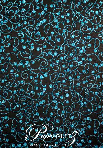 Handmade Glitter Print Paper - Chloe Black & Turquoise Glitter A4 Sheets
